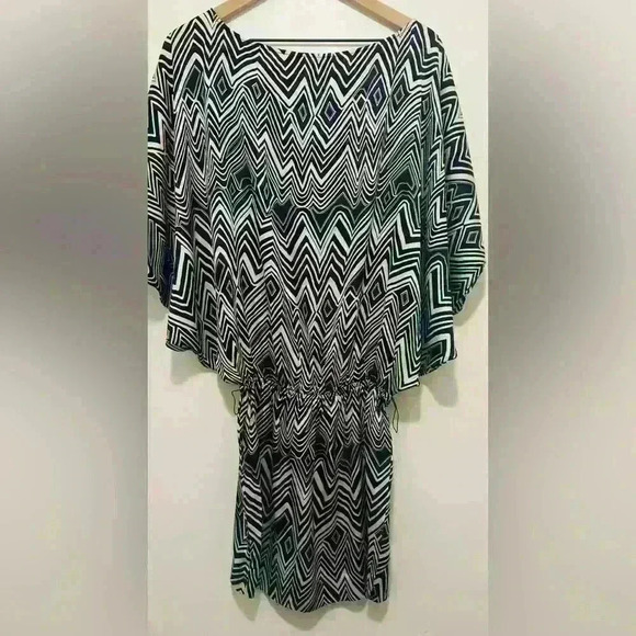 Express Silk Blouson Dress, Women’s Size Small, Geometric Black & Cream, Y2K - Picture 2 of 16